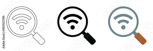 WiFi Magnifying Glass Icons Search Network Signal Internet Connectivity Analysis Technology Wireless Scan Discovery Vector Illustration Design Isolated Background