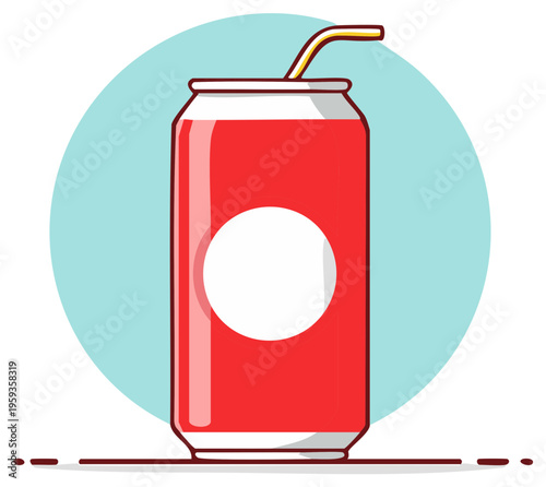 Cartoon style soda can with a straw on a blue circle background