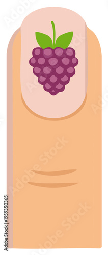 Close-up of a fingernail decorated with a stylized purple blackberry and green leaves