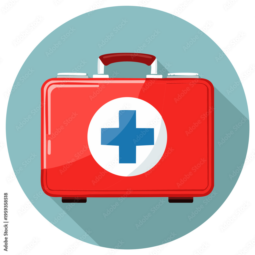 Fototapeta premium A Red First Aid Kit with Blue Cross on a Soft Blue Round Background