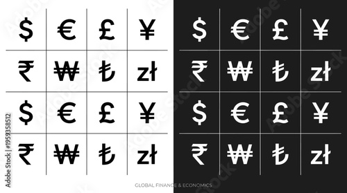 Global currency symbol collection in black‑and‑white grid showcasing diverse financial icons for education, finance, branding, and graphic design.