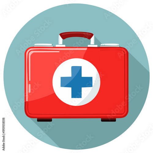A Red First Aid Kit with Blue Cross on a Soft Blue Round Background