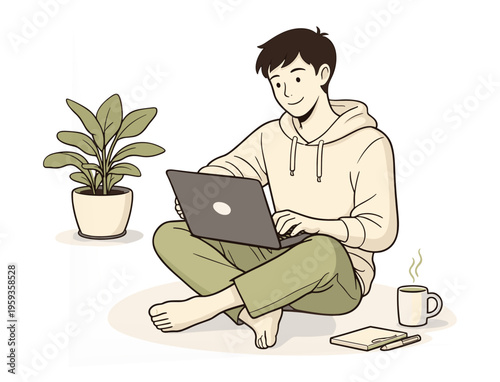 Young Man Working on Laptop Sitting on Floor Cozy Remote Work Lifestyle Illustration