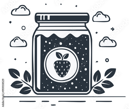 Hand drawn jar of strawberry jam with leaves and clouds on white background