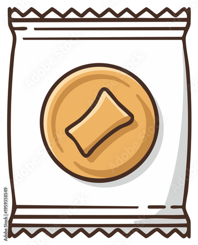 Illustration of a packet of chewy candies with a round center design