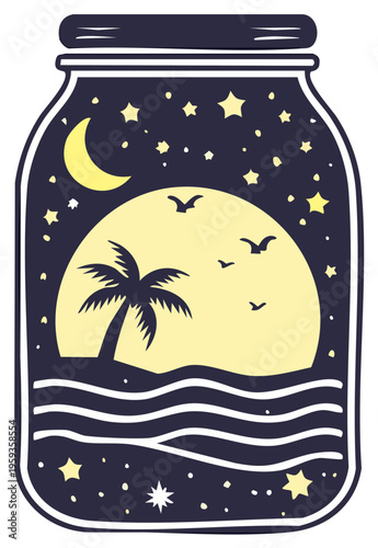 Tropical island sunset and moonlit sky captured in a jar illustration