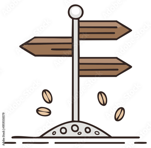 Hand drawn wooden signpost with arrows and coffee beans representing choice and direction