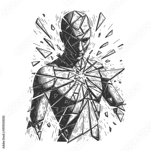 human figure made entirely of fractured glass pieces, emotional pain, vulnerability, psychological crisis, and inner collapse sketch engraving generative ai vector illustration. Black and white image.