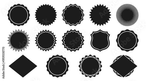 Elegant black badge and label collection featuring circular, oval, diamond shapes with decorative borders for branding, packaging, and graphic design.