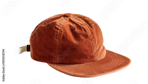 Obraz na płótnie Stylish rust orange corduroy baseball cap with flat brim and strap adjuster for