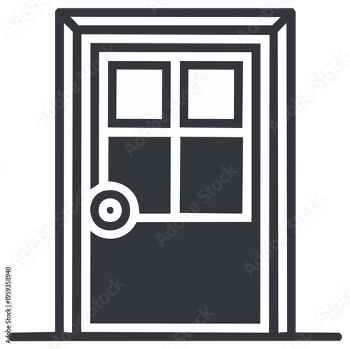 Monochromatic Door with Grid Pattern and Door Knob Icon Illustration