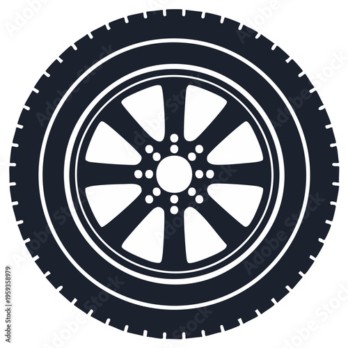 Modern Car Wheel and Tire Silhouette, Vehicle Rim Detail