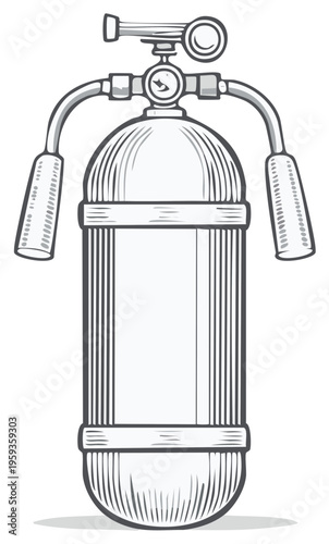 Monochrome Line Drawing of a Diving Tank with Gauges and Handgrips for Underwater Exploration