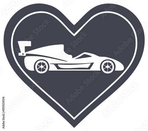 White Race Car Silhouette Inside a Dark Heart Shape Icon Illustrates Automotive Passion