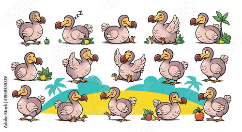 Cute Cartoon Dodo Bird Character Set with Various Actions