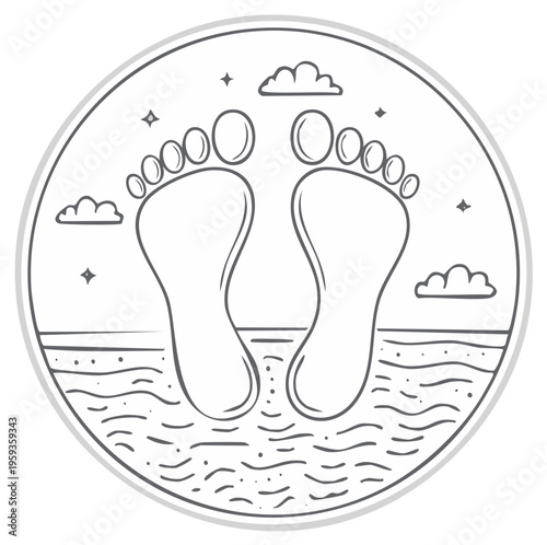 Barefoot Prints Emerging From Water Onto Sandy Shoreline With Clouds And Stars