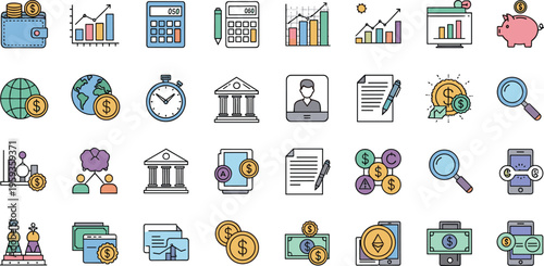 Business and finance line icon set featuring banking, investment, accounting, money management, analytics, and financial technology concepts in modern flat vector style