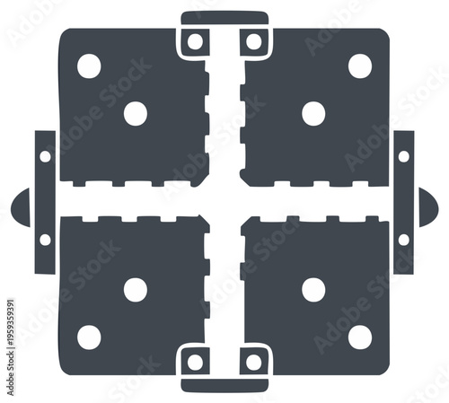 Illustration of a cross shape with decorative metallic hardware elements