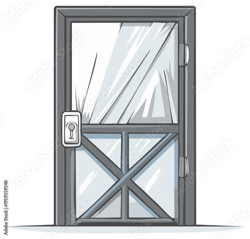 Cartoon rustic screen door with cross bracing and a simple lock