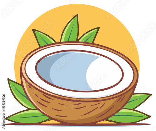 Bright tropical half coconut showing white inner flesh and clear water with green leaves vector illustration