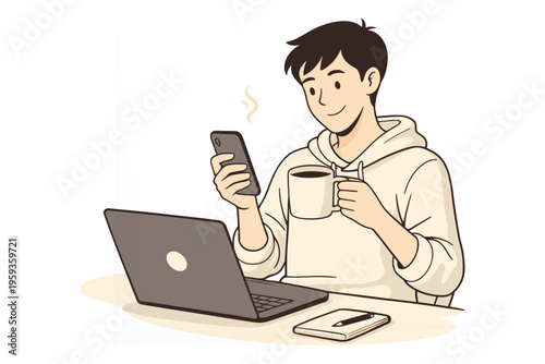 Man Checking Smartphone While Working on Laptop Cozy Remote Work Lifestyle Illustration