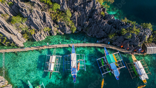 Vászonkép Aerial drone view of traditional bangka boats at Twin Lagoon in Coron, Palawan