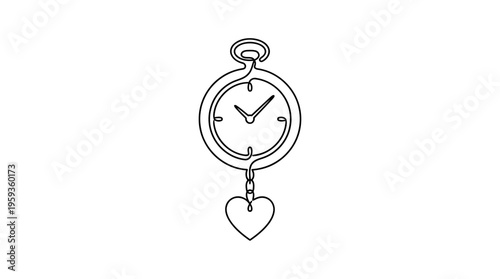Gold Watch with Heart Pendulum Continuous Single Line Minimalist Heart Time Line Art Illustration