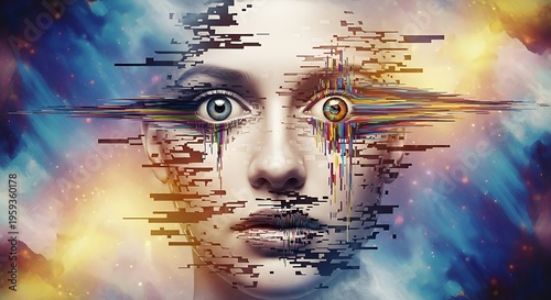 Glitchy surreal face with distorted pixels and vibrant colors in background conveying a sense of digital chaos and confusion