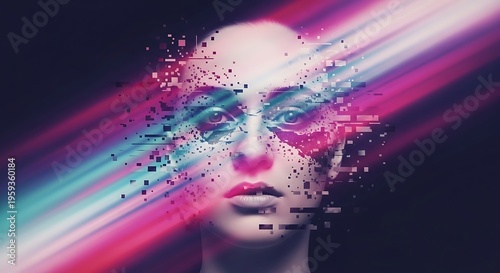 Surreal woman face with glitch effect and colorful neon light beams on dark background futuristic digital art concept