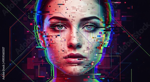 Glitch art portrait of a woman with distorted digital pixels and vibrant colors on a dark background conveying a futuristic and technological error
