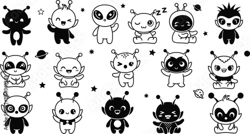 Adorable Monochrome Alien Character Icon Collection