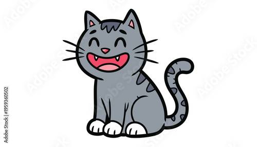 A cheerful   gray cat with a wide smile and white paws sitting on a plain white background with a playful demeanor