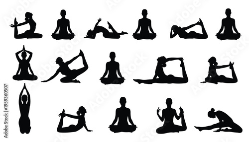 A collection of 15 black silhouettes of women performing various yoga poses on a white background for meditation and relaxation