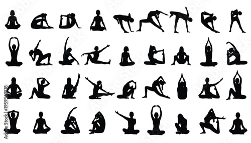 Collection of black silhouette yoga poses on white background for fitness and wellness