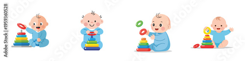 A baby stacking ring toys joyfully, flat vector, no outlines, simple shapes, white background
