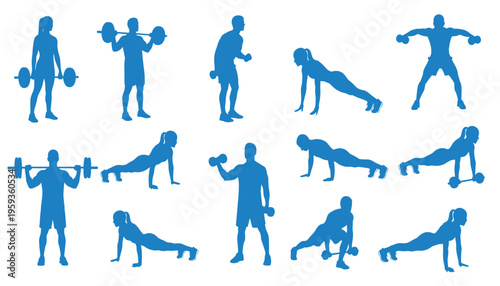 A collection of blue silhouette illustrations depicting various exercises and workouts with dumbbells and bodyweight for fitness and strength training