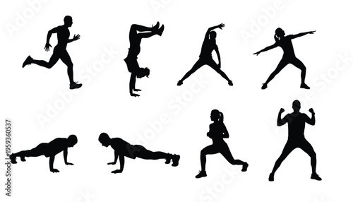 A collection of eight black silhouettes depicting various fitness exercises and poses for a healthy lifestyle and workout routine with people