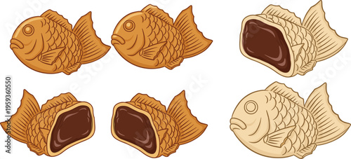 Taiyaki fish-shaped dessert illustration set featuring filled pastries, chocolate filling, and traditional Japanese street food in detailed flat vector style