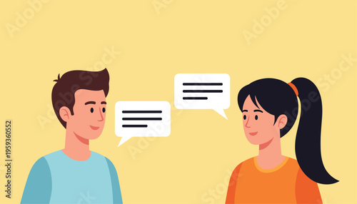  illustration of a man and woman talking to each other with speech bubbles