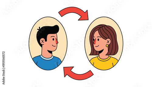 Two   people communicating with each other in a circular conversation flow