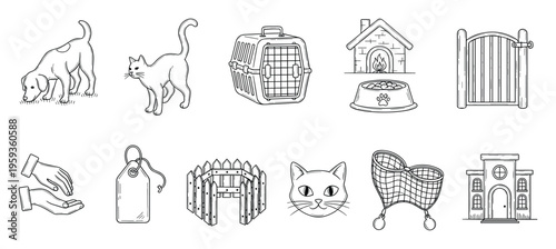 A comprehensive collection of line drawings depicting various pets, pet accessories, and animal care facilities for veterinary clinics and pet store marketing materials.