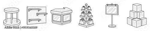 Retail store display fixtures for merchandise presentation, including podiums, pegboard shelves, counter showcases, tiered stands, sign holders, and stacked boxes for commercial shop