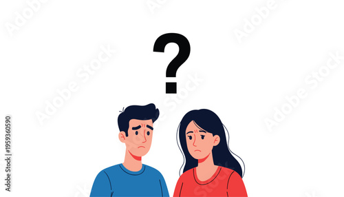 Confused couple with a question mark looking puzzled and uncertain together