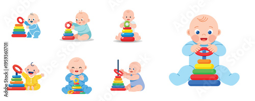 A baby stacking ring toys joyfully, flat vector, no outlines, simple shapes, white background