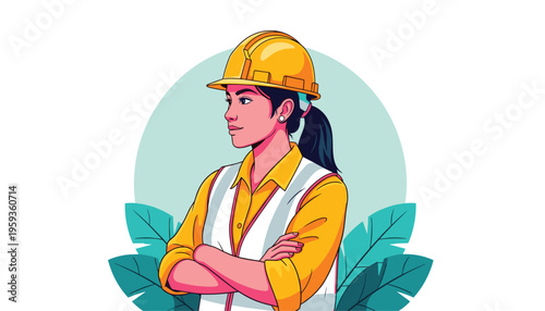 A female construction worker wearing a yellow hard hat and safety vest standing confidently with her arms crossed in a tropical setting