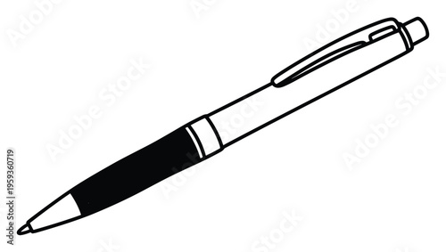 A sleek and simple outline drawing of a modern ballpoint pen, perfect for business stationery, educational materials, or graphic design projects requiring a clear visual representation of