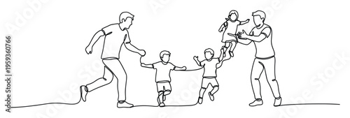 A joyful scene of two fathers playing with their three children, featuring one father running with two boys and another father lifting a young girl, perfect for family bonding and childhood