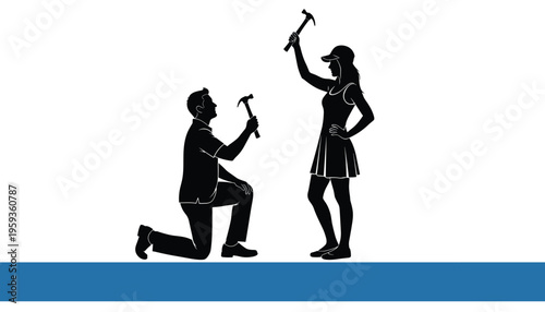 Man proposing to woman with a twist using hammers instead of a ring