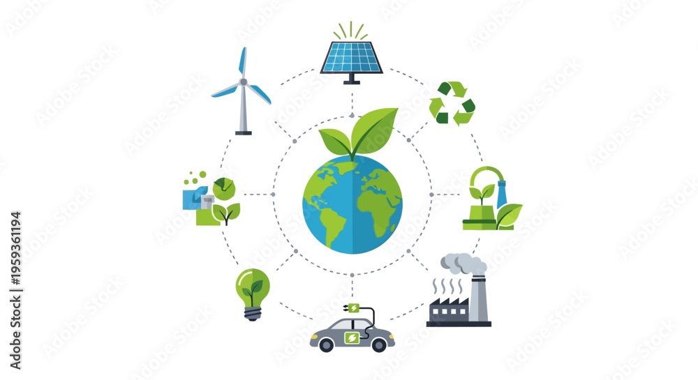 Obraz premium Eco friendly icons, sustainable living symbols, green earth illustrations, environmental conservation graphics