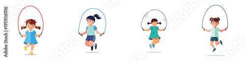 A set of young girl skipping with a rope, flat vector, no outlines, simple white background
